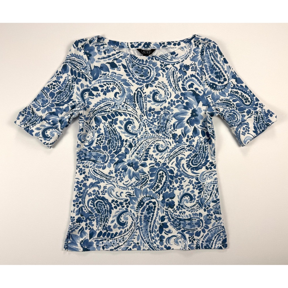 Lauren Ralph Lauren Womens L Blue White Paisley Boat Neck Elbow Sleeve Top #1976